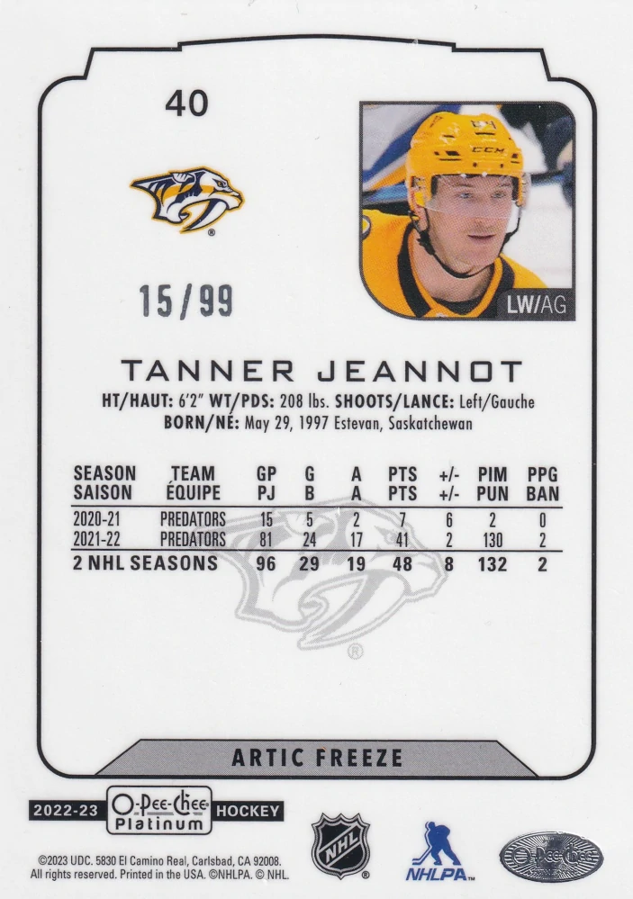 2022-23 UD O-Pee-Chee Platinum - Tanner Jeannot - Arctic Freeze /99 #40