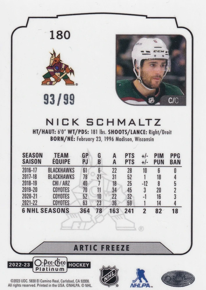 2022-23 UD O-Pee-Chee Platinum - Nick Schmaltz - Arctic Freeze /99 #180