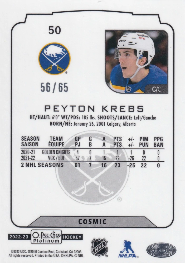 2022-23 UD O-Pee-Chee Platinum - Peyton Krebs - Cosmic /65 #50