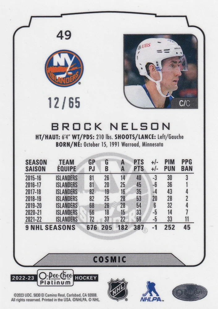 2022-23 UD O-Pee-Chee Platinum - Brock Nelson - Cosmic /65 #49