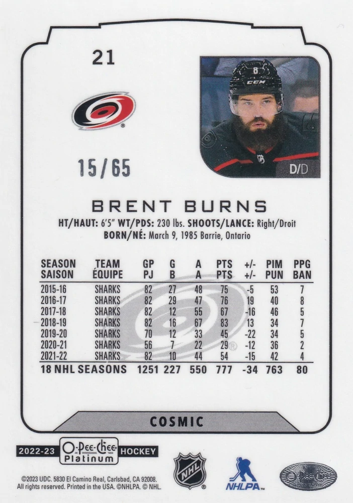 2022-23 UD O-Pee-Chee Platinum - Brent Burns - Cosmic /65 #21