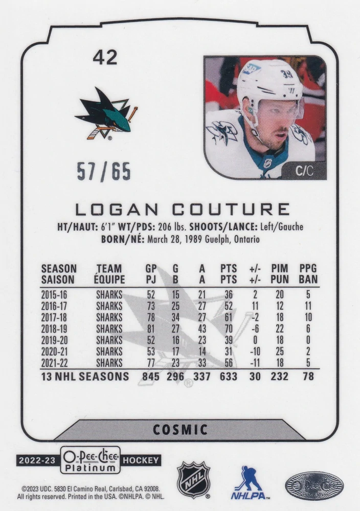 2022-23 UD O-Pee-Chee Platinum - Logan Couture - Cosmic /65 #42