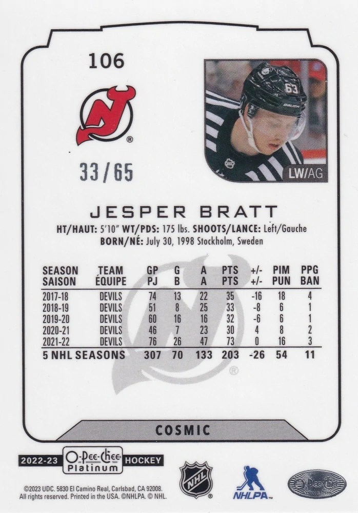 2022-23 UD O-Pee-Chee Platinum - Jesper Bratt - Cosmic /65 #106