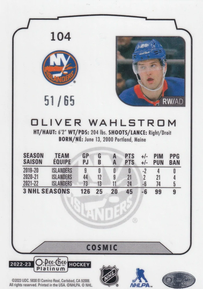 2022-23 UD O-Pee-Chee Platinum - Olive Wahlstrom - Cosmic /65 #104