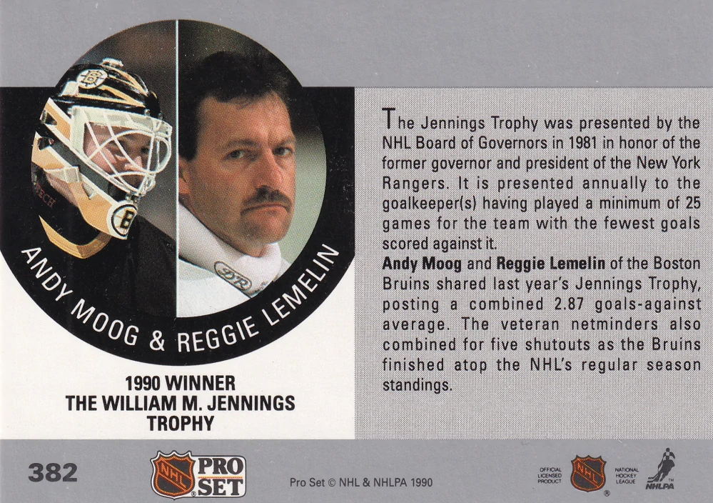 1990-91 Pro Set - Andy Moog, Reggie Lemelin - The William M. Jennings Trophy #382