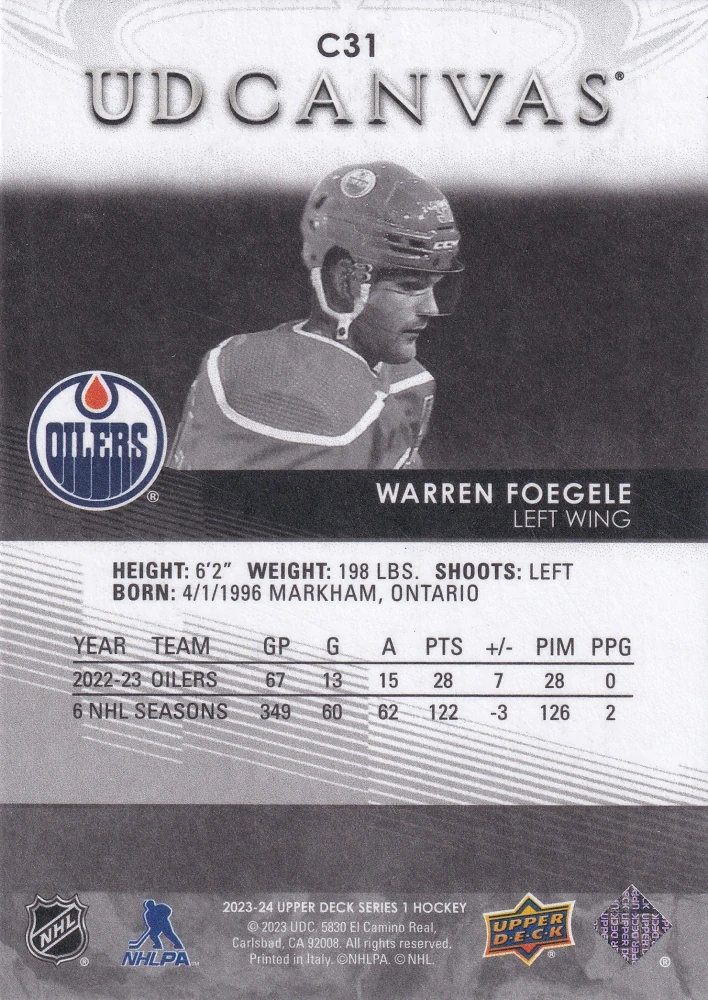 2023-24 UD Series 1 - Warren Foegele - Canvas Black & White #C31