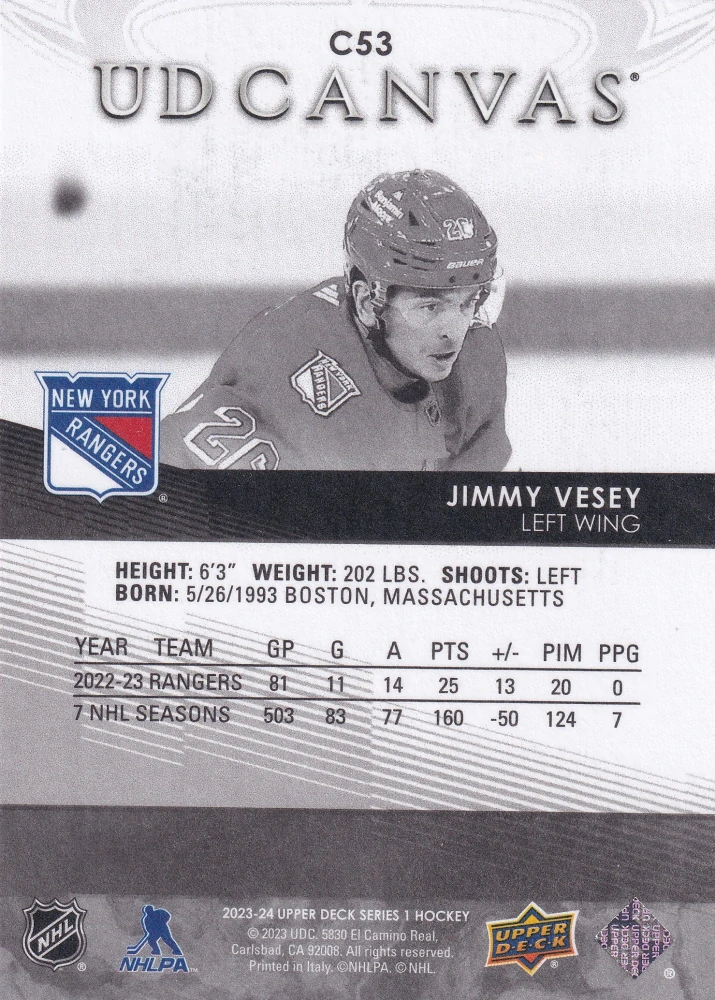 2023-24 UD Series 1 - Jimmy Vesey - Canvas Black & White #C53