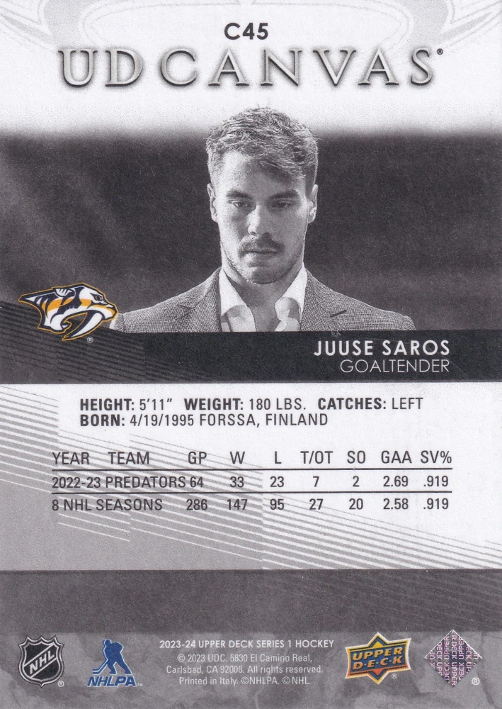 2023-24 UD Series 1 - Juuse Saros - Canvas Black & White #C45
