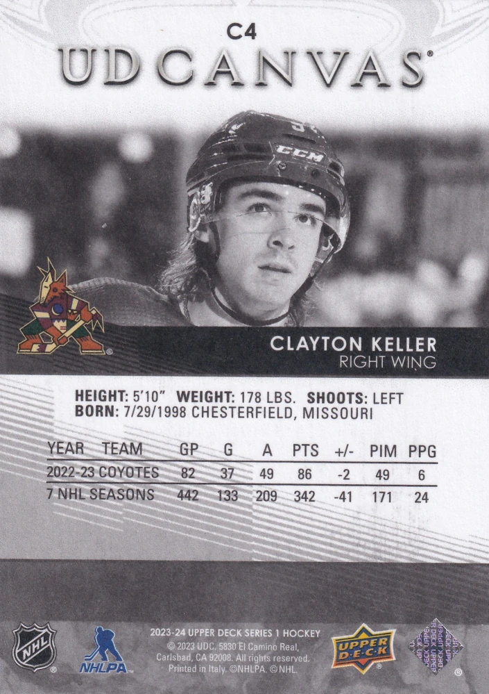 2023-24 UD Series 1 - Clayton Keller - Canvas Black & White #C4