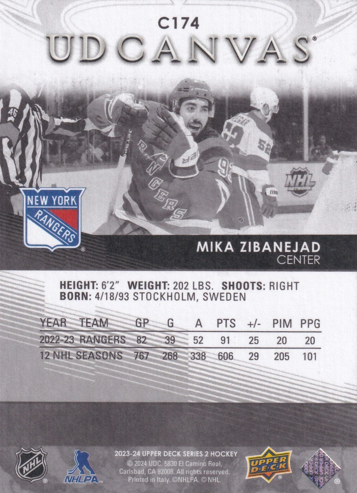 2023-24 UD Series 2 - Mika Zibanejad - Canvas Black & White #C174