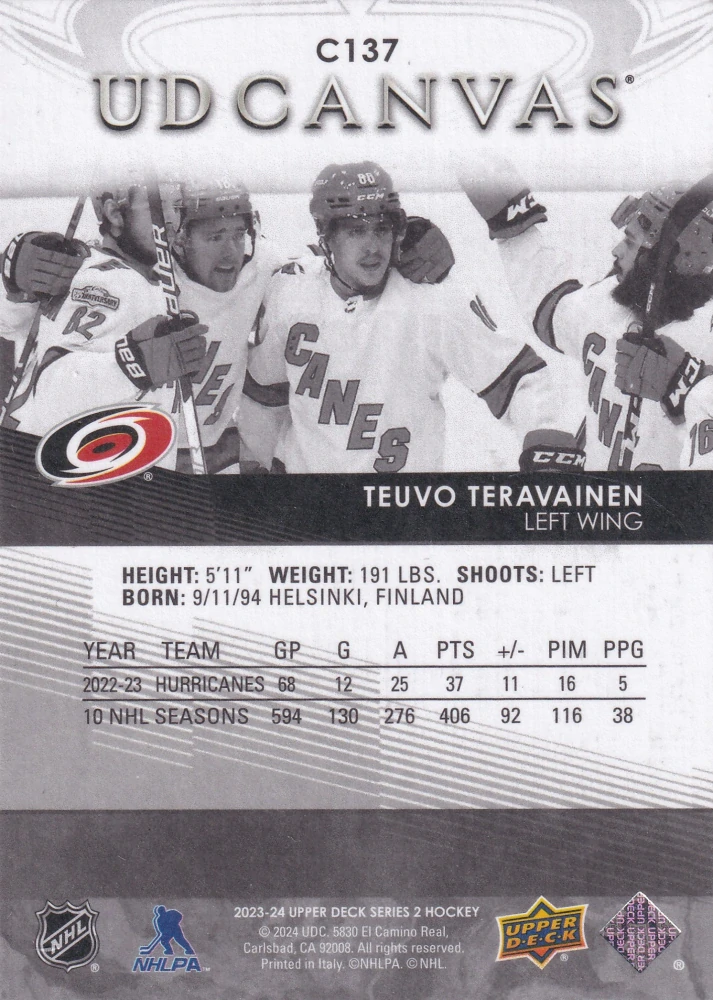 2023-24 UD Series 2 - Teuvo Teravainen - Canvas Black & White #C137