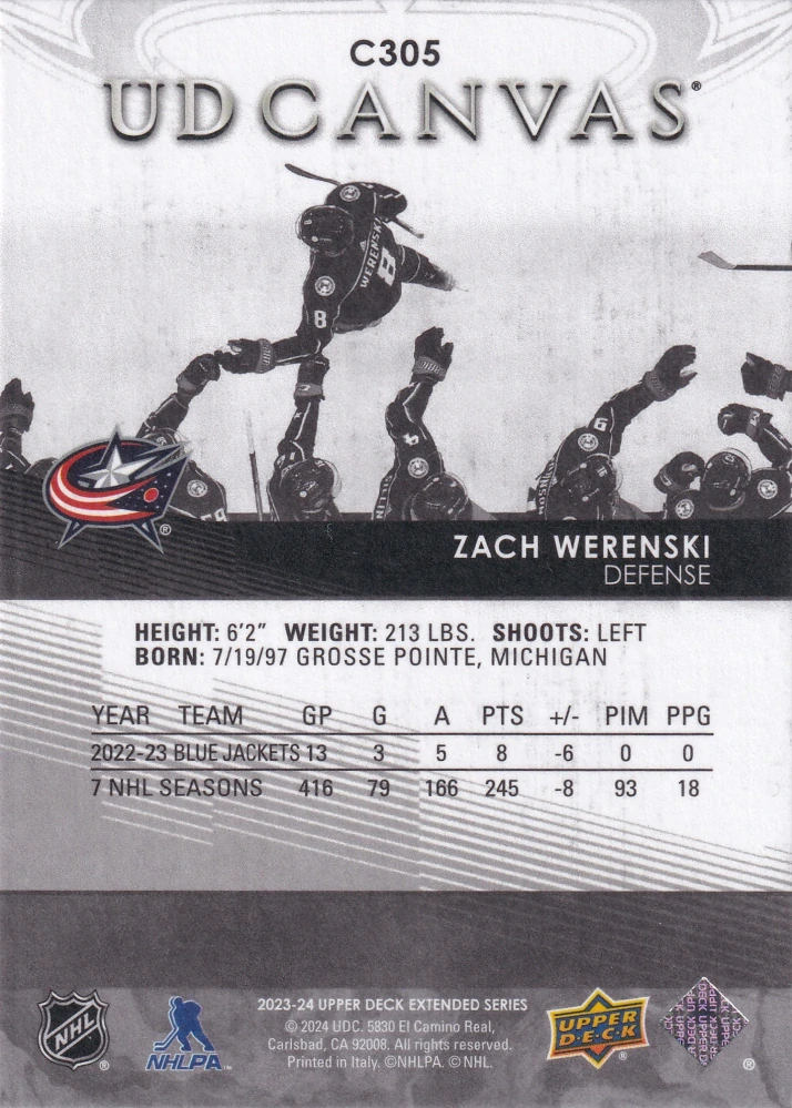 2023-24 UD Extended Series - Zach Werenski - Canvas Black & White #C305