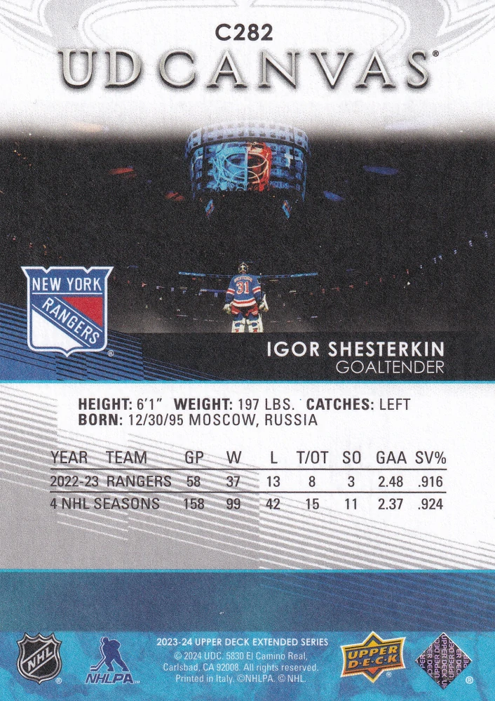 2023-24 UD Extended Series - Igor Shesterkin - Canvas #C282