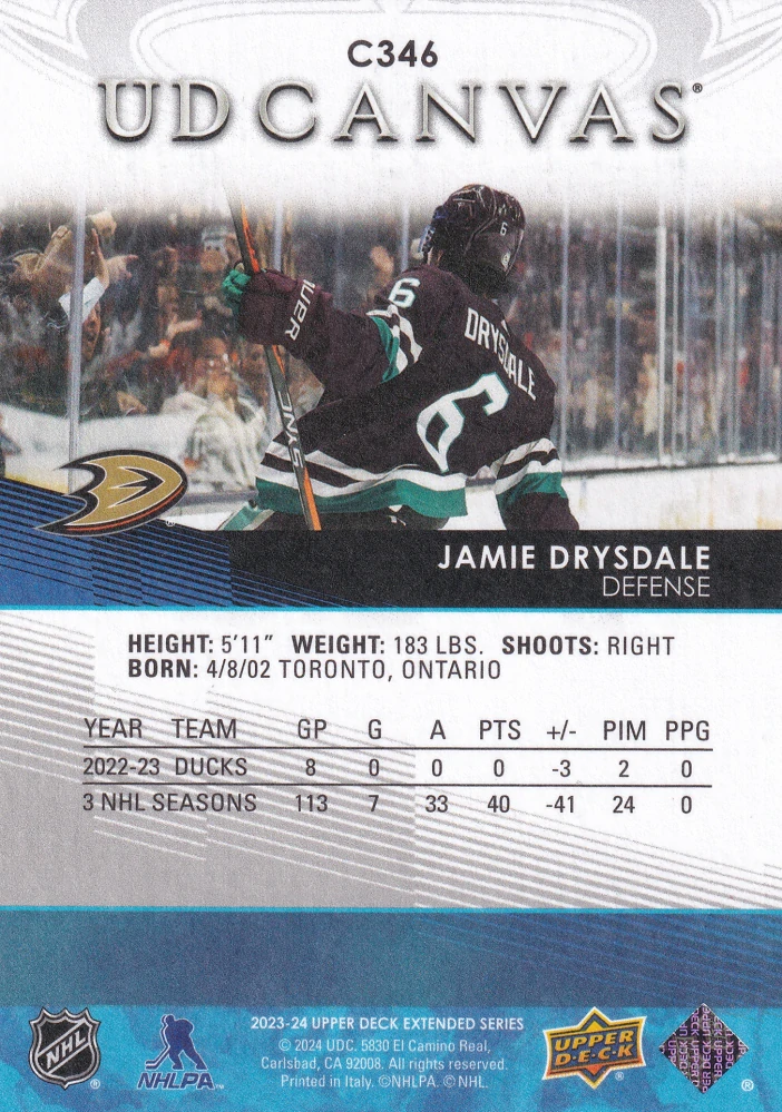2023-24 UD Extended Series - Jamie Drysdale - Canvas #C346