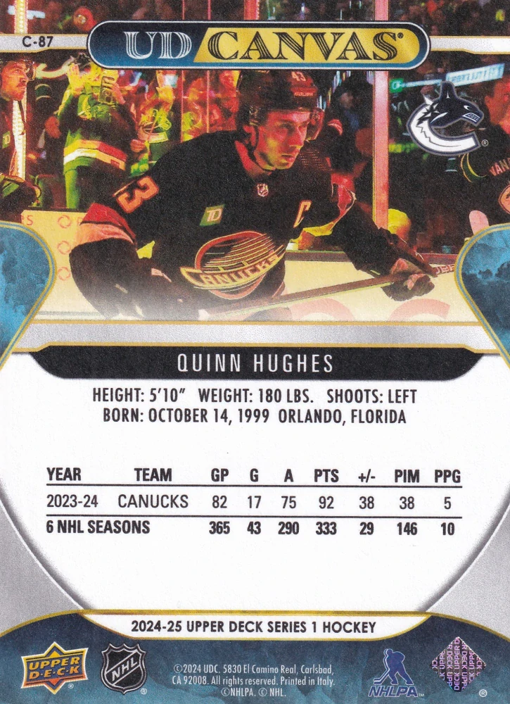 2024-25 UD Series 1 - Quinn Hughes - Canvas #C-87