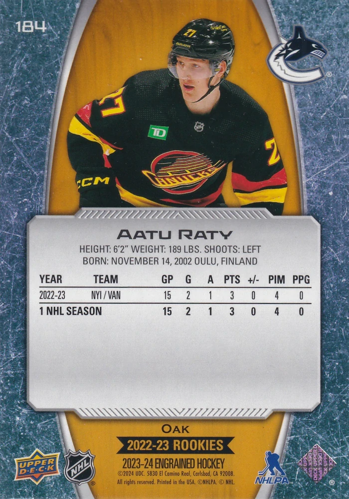 2023-24 UD Engrained - Aatu Raty - 2022-23 Rookie /399 #184
