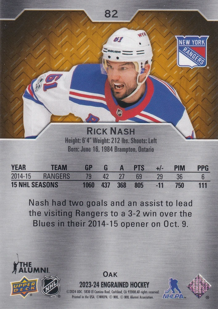 2023-24 UD Engrained - Rick Nash /299 #82
