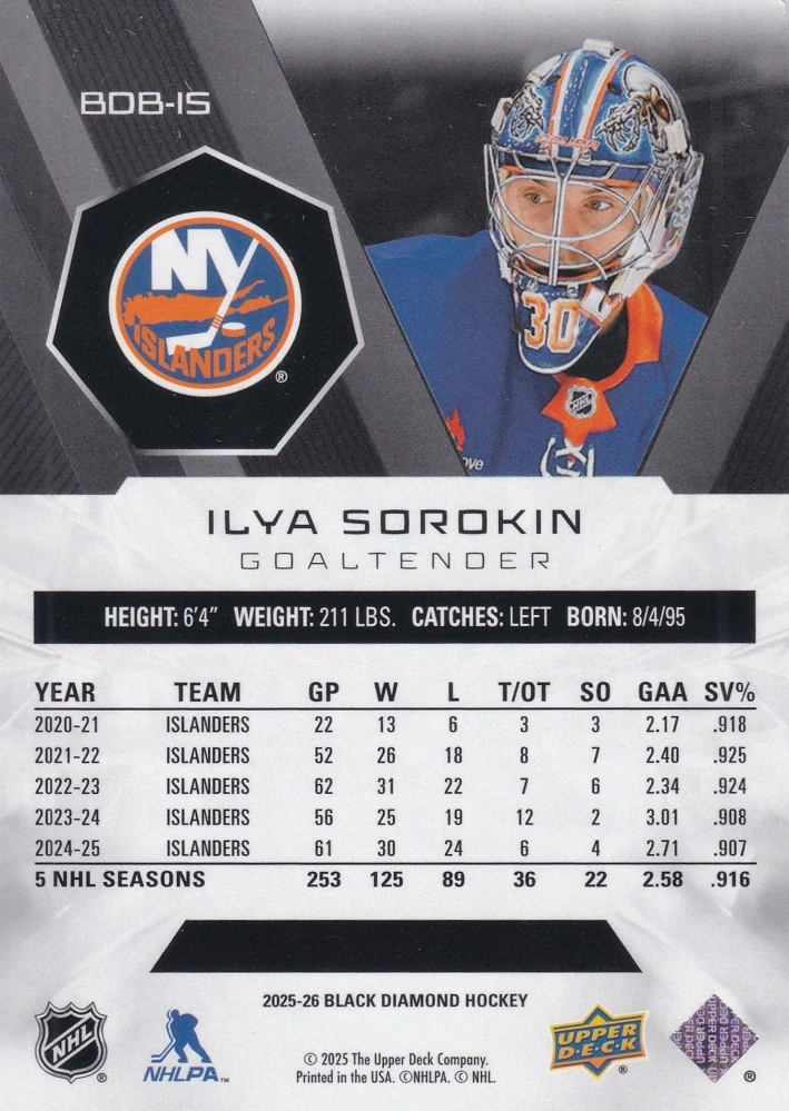 2025-26 UD Black Diamond - Ilya Sorokin /349 #BDB-IS
