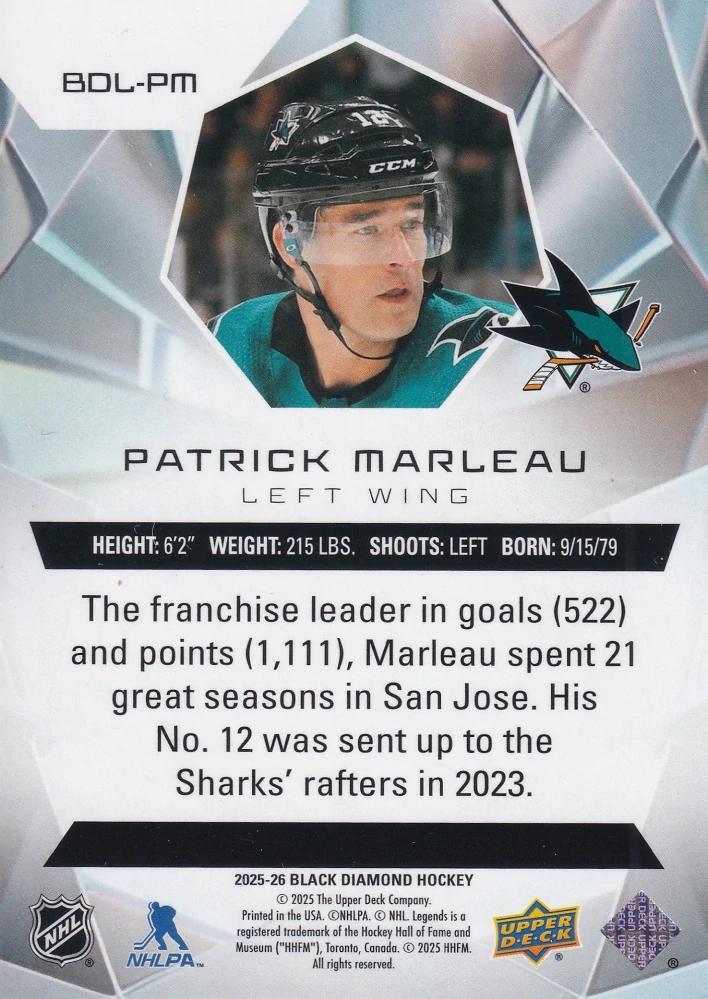2025-26 UD Black Diamond - Patrick Marleau - Diamond Legends /249 #BDL-PM