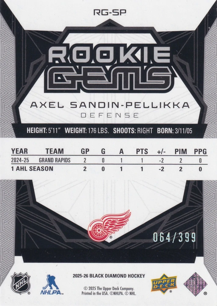 2025-26 UD Black Diamond - Axel Sandin-Pellikka - Rookie Gems /399 #RG-SP