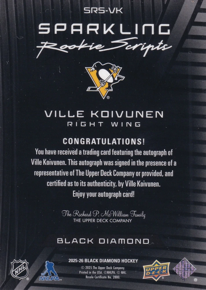2025-26 UD Black Diamond - Ville Koivunen - Sparkling Rookie Scripts #SRS-VK