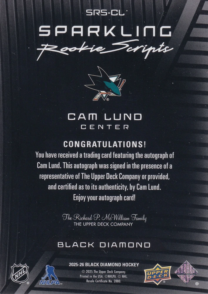 2025-26 UD Black Diamond - Cam Lund - Sparkling Rookie Scripts #SRS-CL