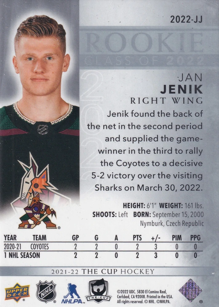 2021-22 UD The Cup - Jan Jeník - Rookie Class of 2022 #2022-JJ