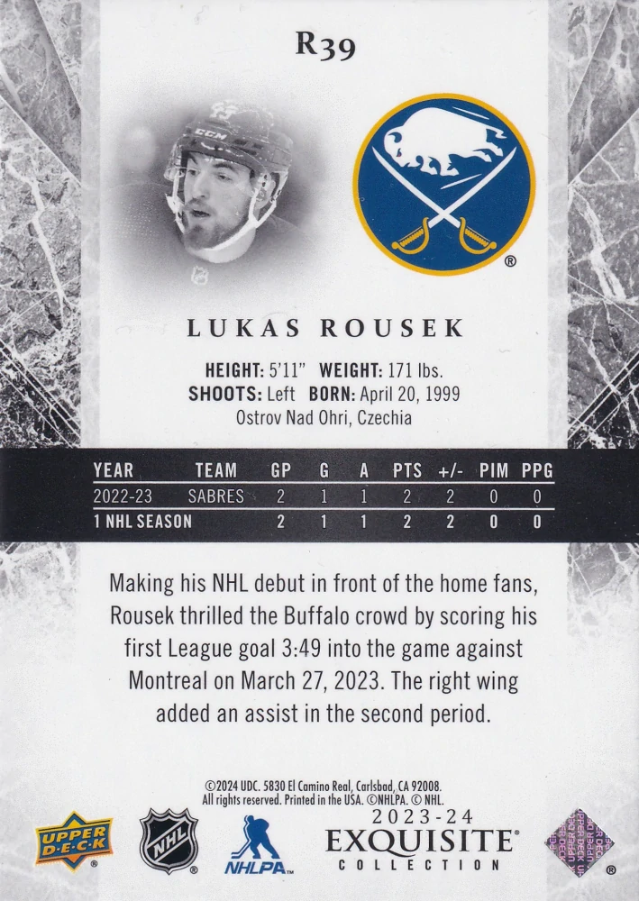 2023-24 UD Ice - Lukáš Rousek - Exquisite Collection Rookies - Platinum Blue /299 #R39