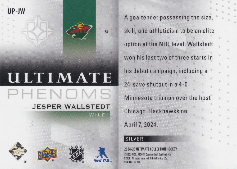 2024-25 UD Ultimate Collection - Jesper Wallstedt - Ultimate Phenoms Silver #UP-JW