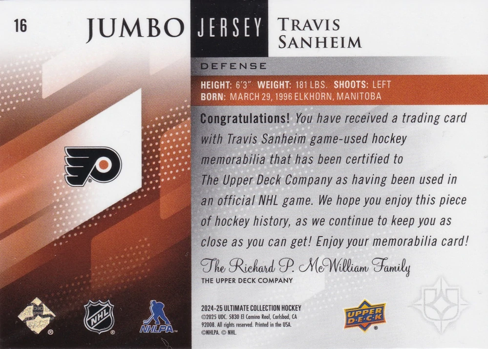 2024-25 UD Ultimate Collection - Travis Sanheim - Jumbo Jersey /199 #16