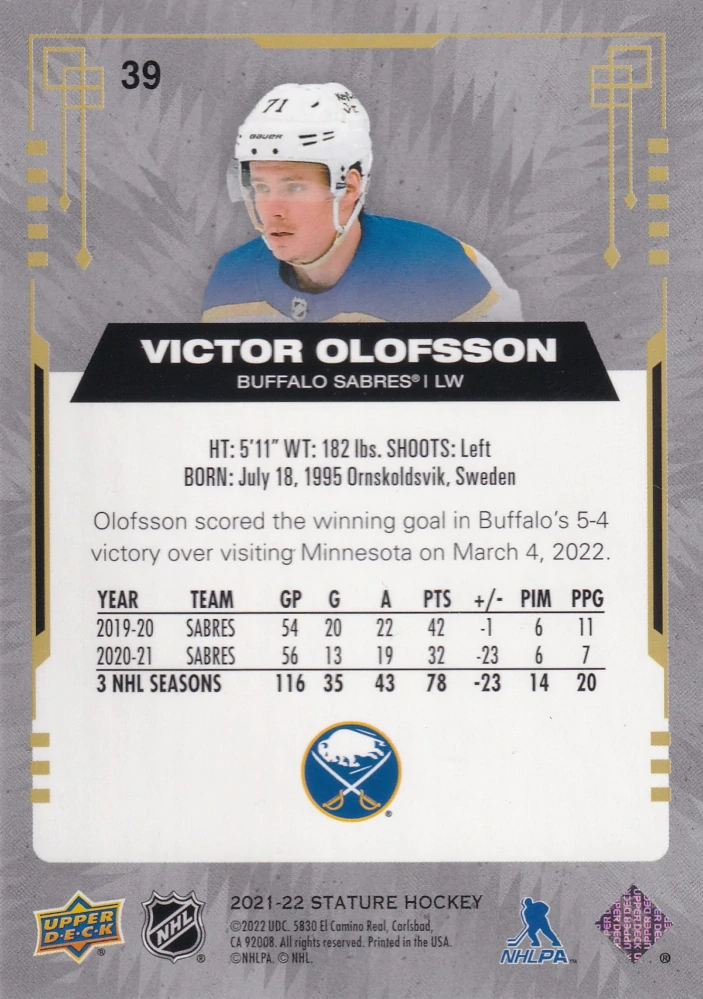 2021-22 UD Stature - Victor Olofsson - Photo Variant Red /33 #39