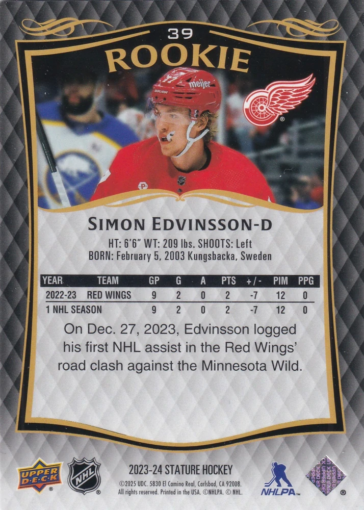 2023-24 UD Stature - Simon Edvinsson - Rookie /999 #39