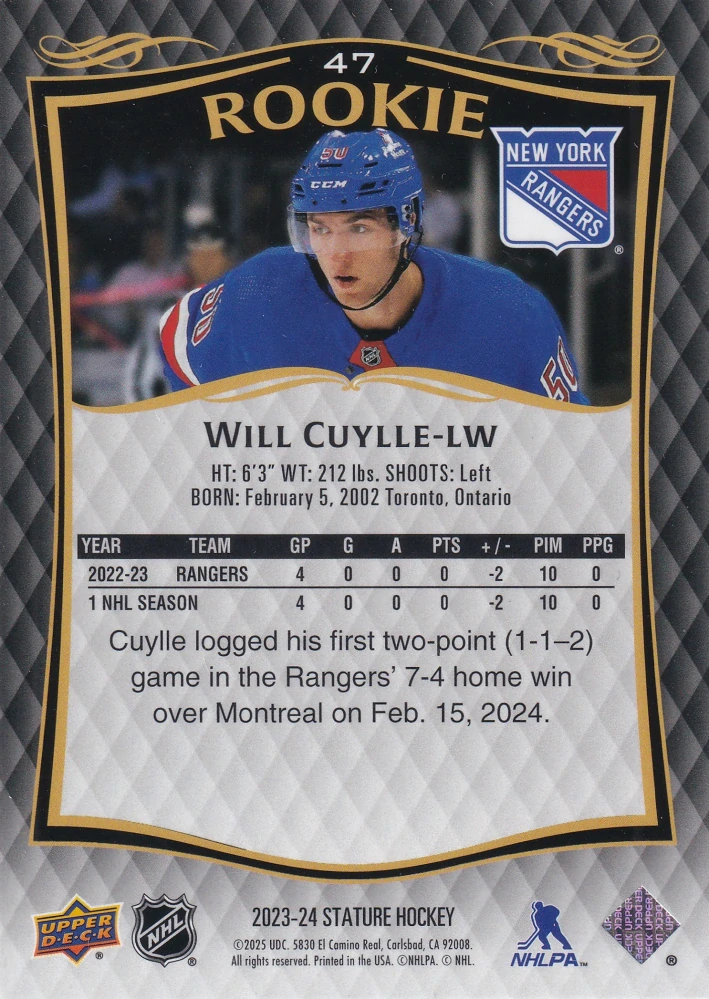 2023-24 UD Stature - Will Cuylle - Rookie /999 #47