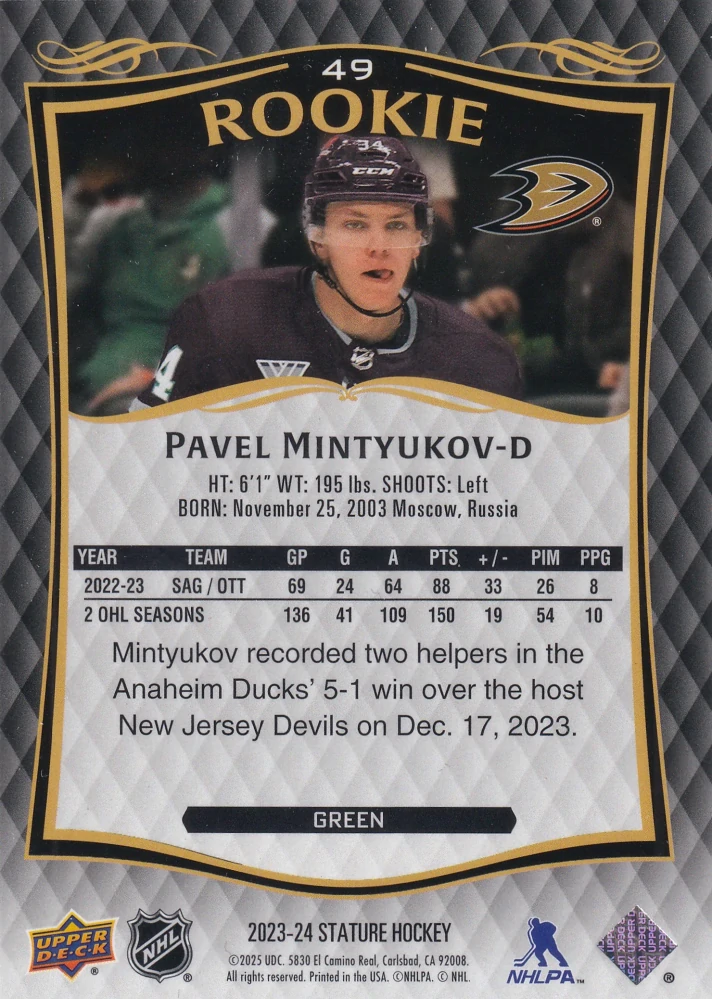 2023-24 UD Stature - Pavel Mintyukov - Rookie Green /375 #49