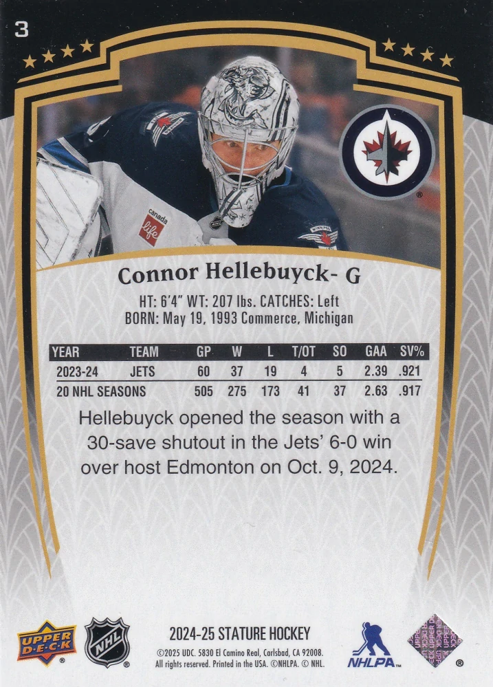 2024-25 UD Stature - Connor Hellebuyck #3