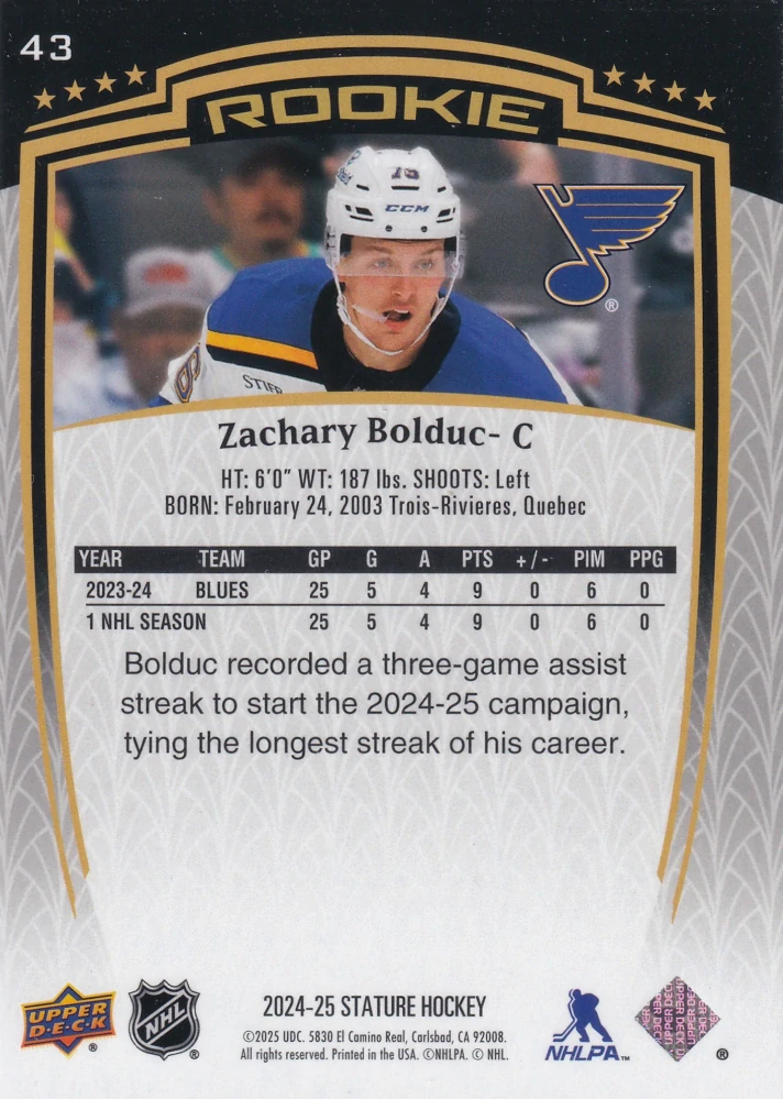 2024-25 UD Stature - Zachary Bolduc - Rookie /999 #43