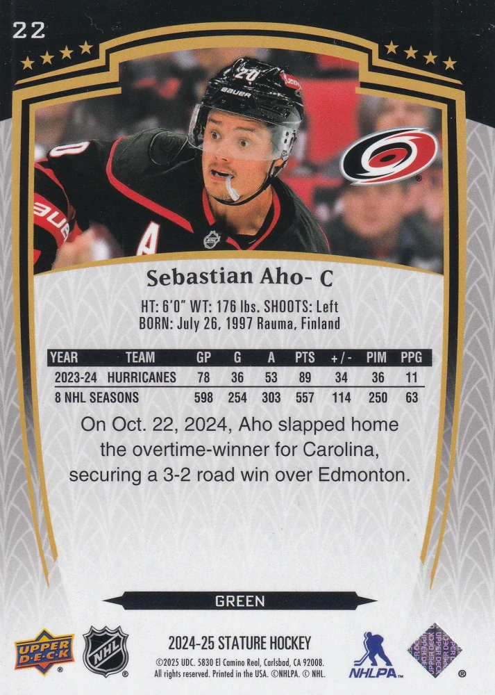 2024-25 UD Stature - Sebastian Aho - Green /375 #22