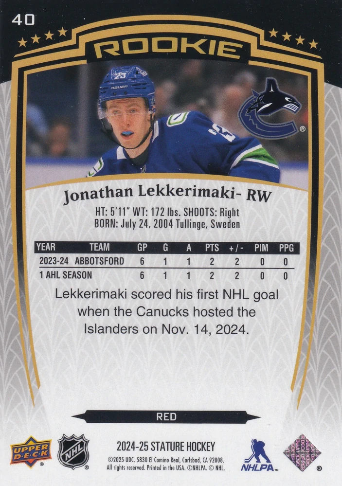 2024-25 UD Stature - Jonathan Lekkerimaki - Rookie Red /249 #40
