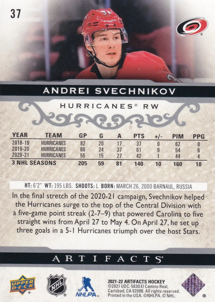 2021-22 UD Artifacts - Andrei Svechnikov #37