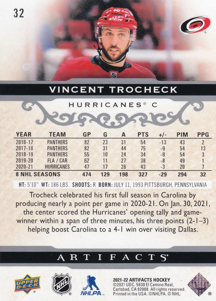 2021-22 UD Artifacts - Vincent Trocheck #32