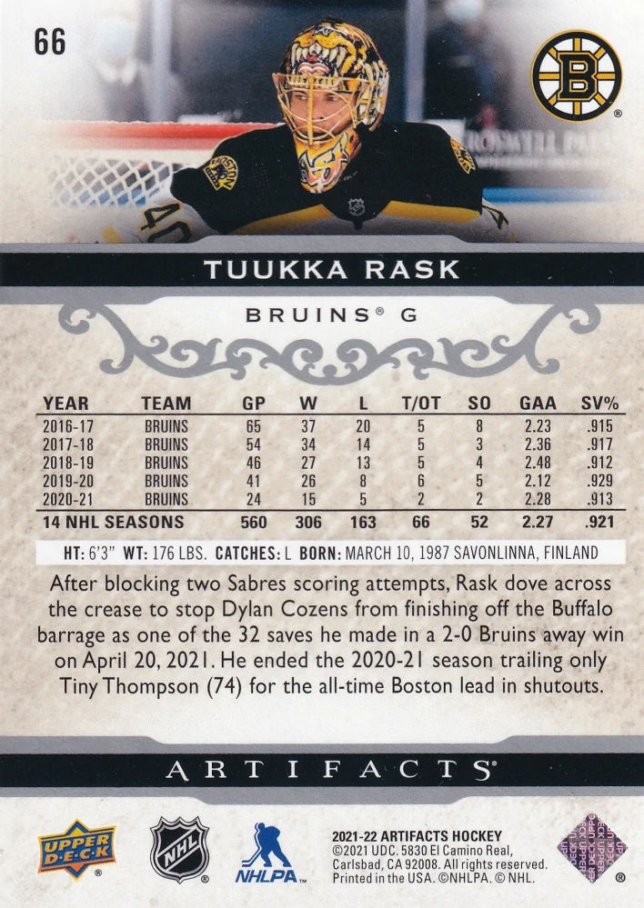 2021-22 UD Artifacts - Tuukka Rask #66