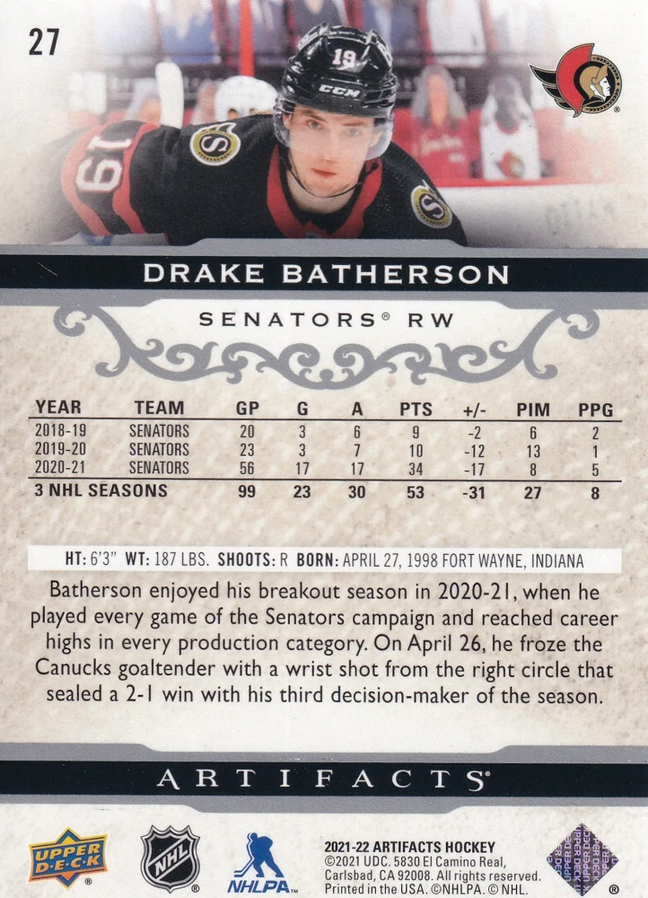 2021-22 UD Artifacts - Drake Batherson #27