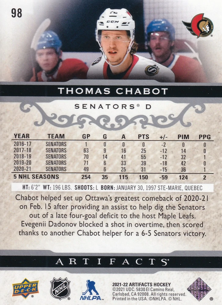 2021-22 UD Artifacts - Thomas Chabot #98