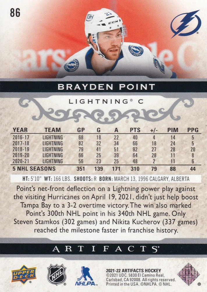 2021-22 UD Artifacts - Brayden Point #86