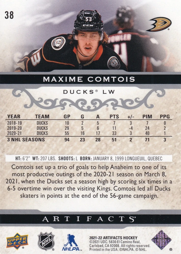 2021-22 UD Artifacts - Maxime Comtois #38