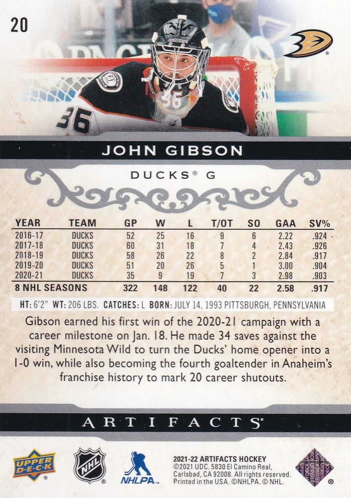 2021-22 UD Artifacts - John Gibson #20