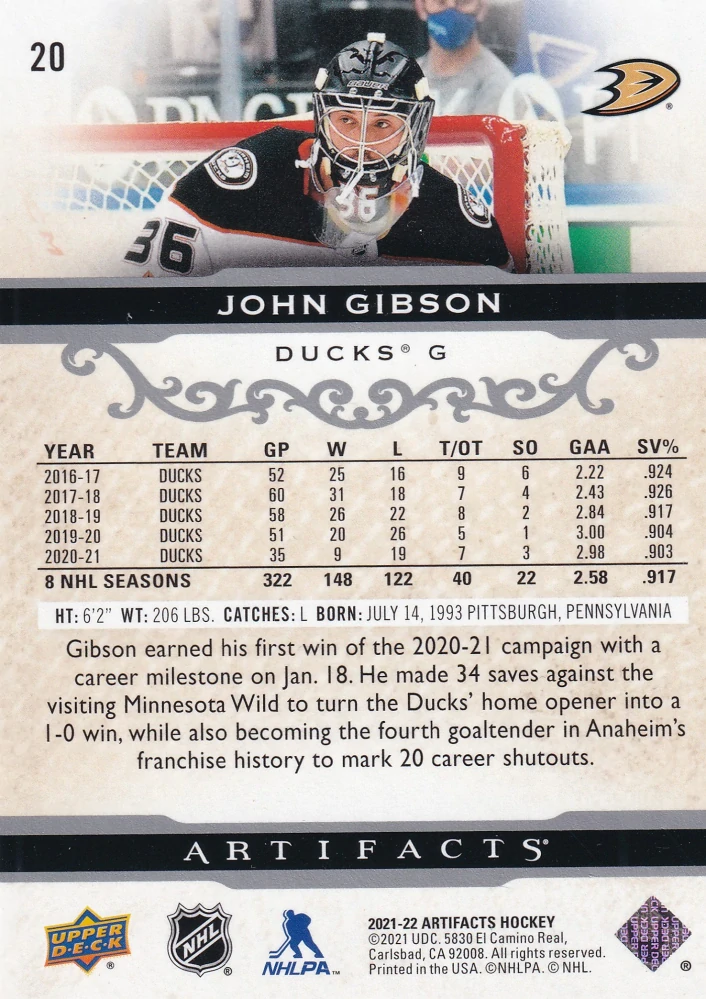 2021-22 UD Artifacts - John Gibson #20