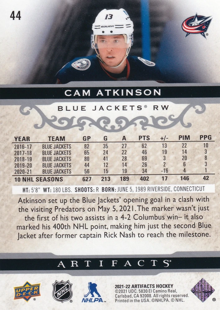 2021-22 UD Artifacts - Cam Atkinson #44