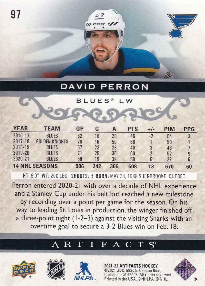 2021-22 UD Artifacts - David Perron #97