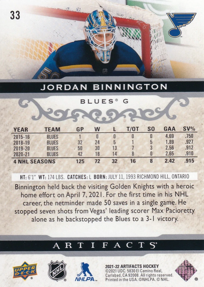 2021-22 UD Artifacts - Jordan Binnington #33